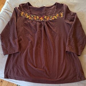 Carolyn Taylor Brown Top with Floral Embroidery